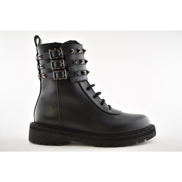 Valentino Rockstud Combat 20 Black Leather Stud Short Biker Ankle Flat Boot 36.5 - Picture 2 of 12